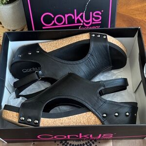 Corkys Black Cork Wedge Slingback Sandals